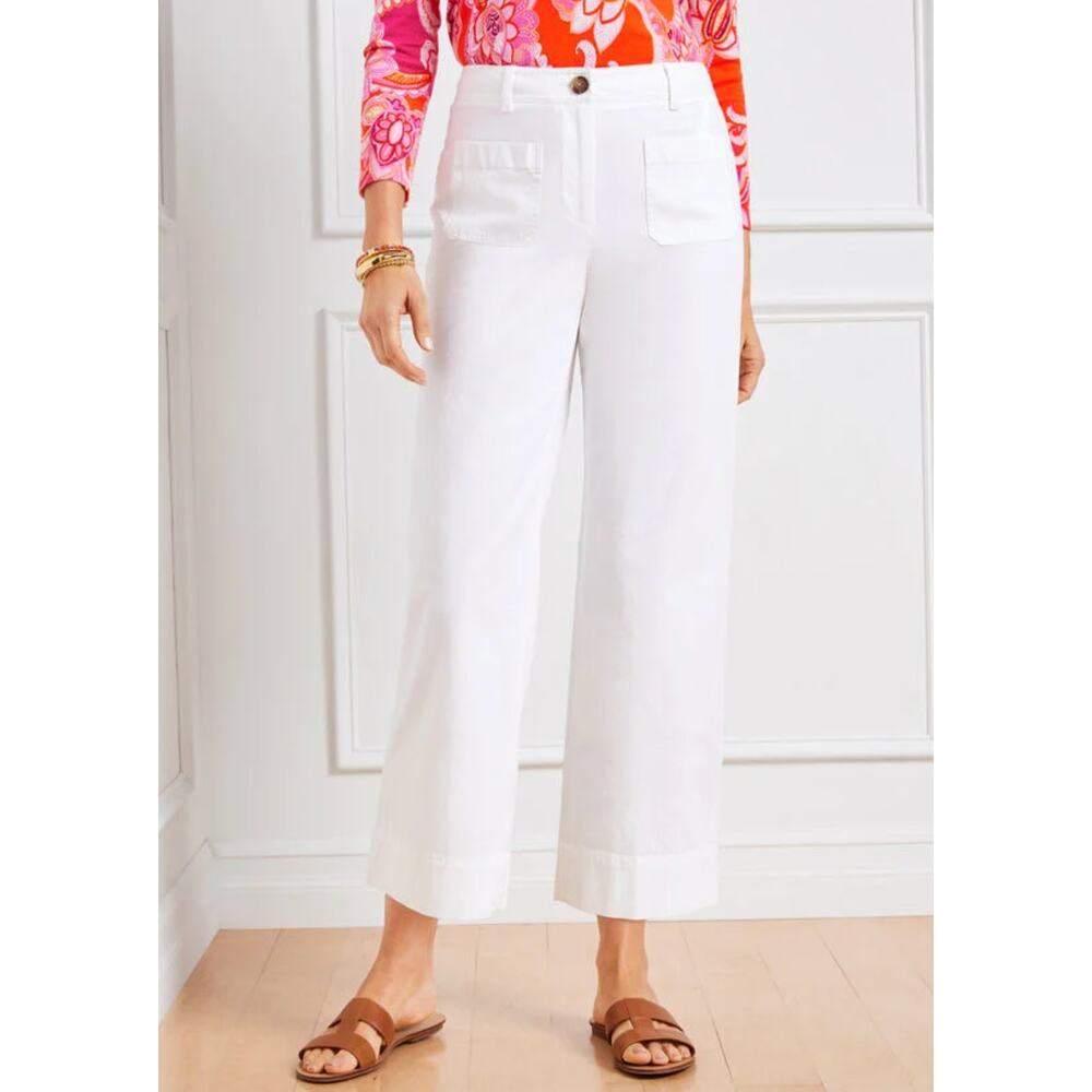 Talbots Womens 16 White Wide Leg Crop Pants Flat Front Summer Vacation Casual
